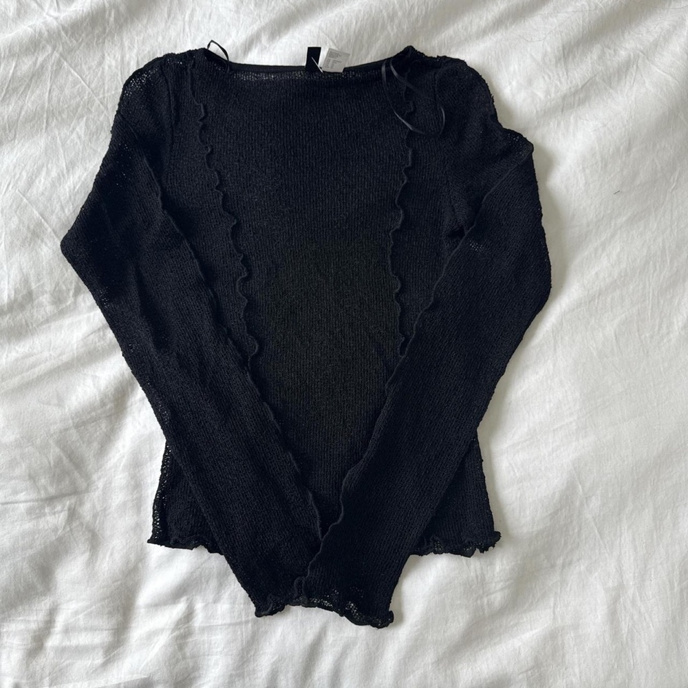 H&M Black Ruffle Trim Long Sleeve Top